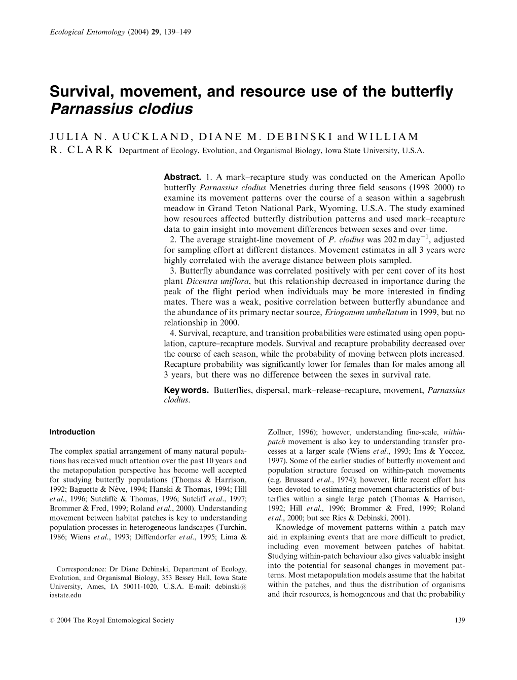 Demographics and Movement of the Butterfly Parnassius Clodius