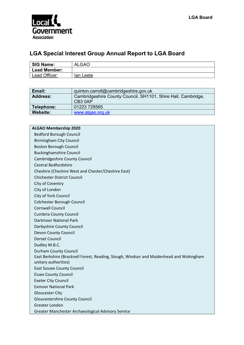 Special Interest Group Annual Report to LGA Board