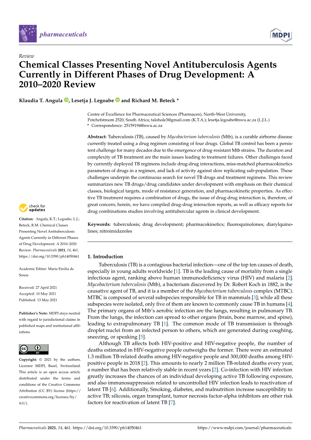 Chemical Classes Presenting Novel Antituberculosis Agents Currently in Different Phases of Drug Development: a 2010–2020 Review