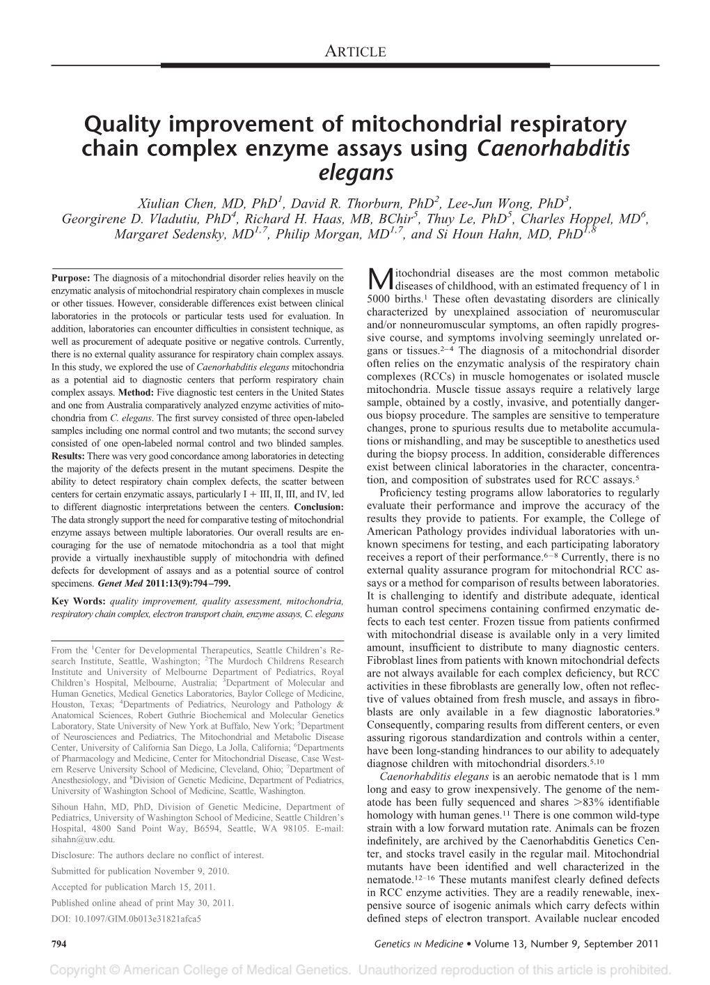 Quality Improvement of Mitochondrial Respiratory Chain Complex Enzyme Assays Using Caenorhabditis Elegans Xiulian Chen, MD, Phd1, David R