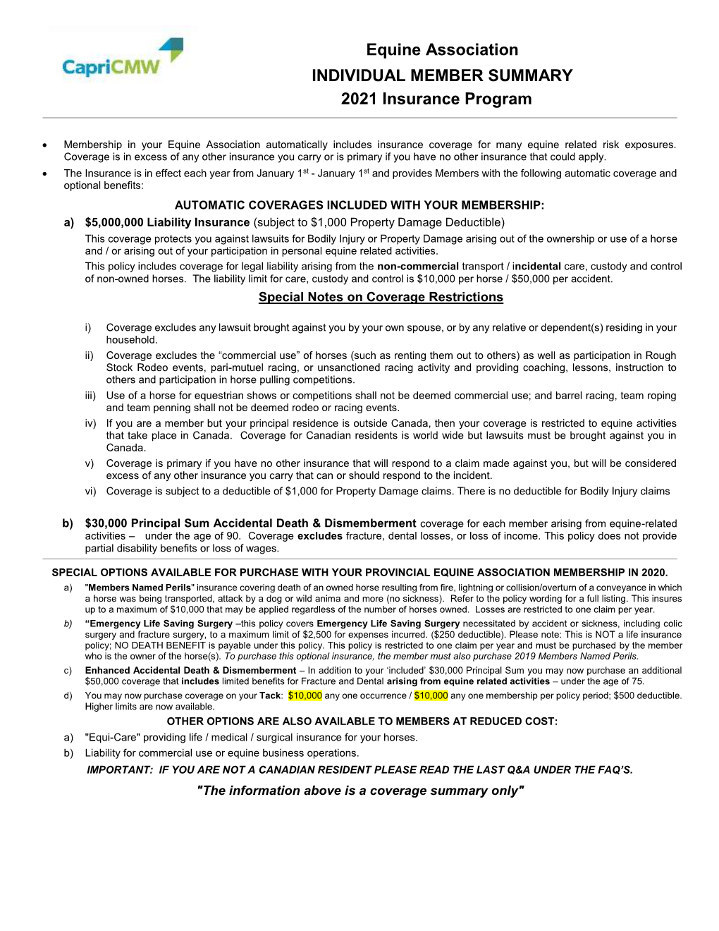 Equine Association INDIVIDUAL MEMBER SUMMARY