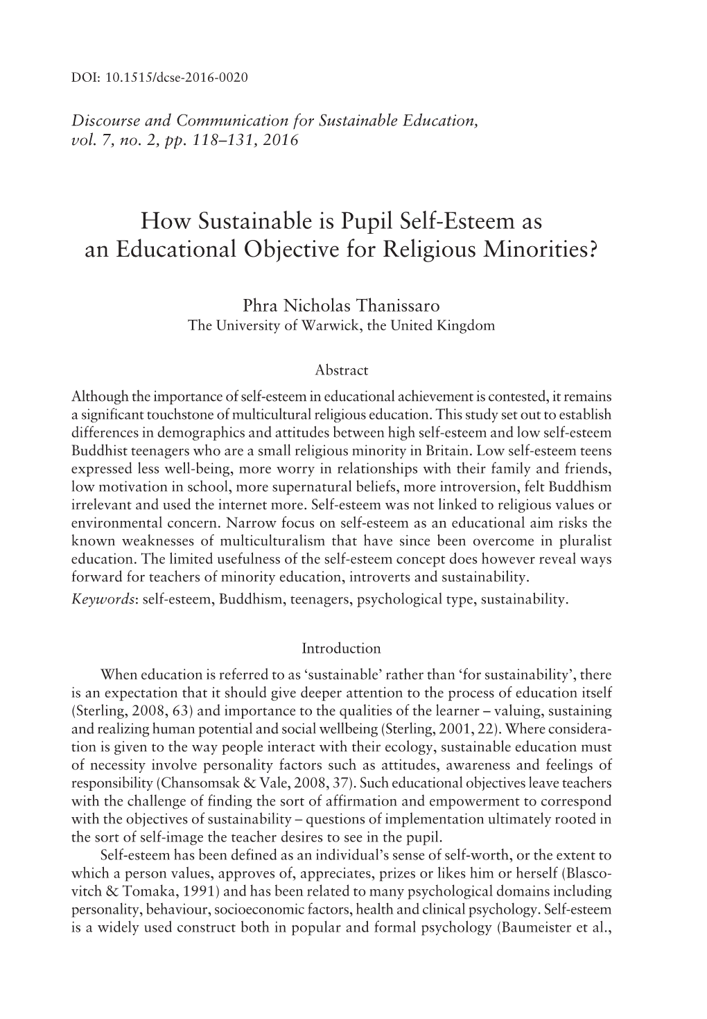 How Sustainable Is Pupil Self-Esteem As an Educational Objective for Religious Minorities?
