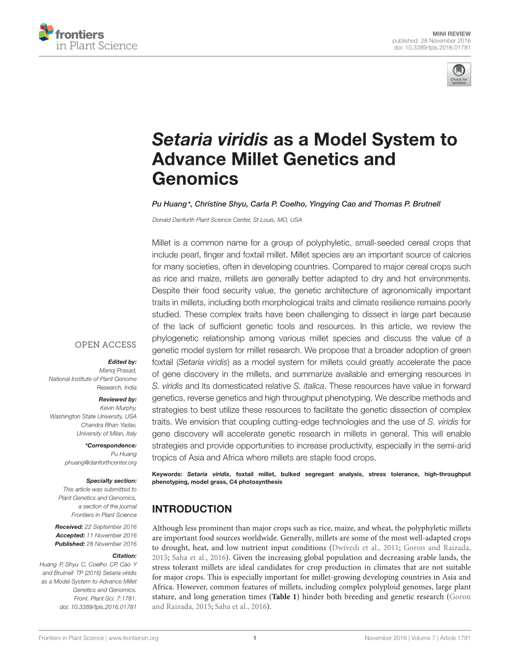 Setaria Viridis As a Model System to Advance Millet Genetics and Genomics