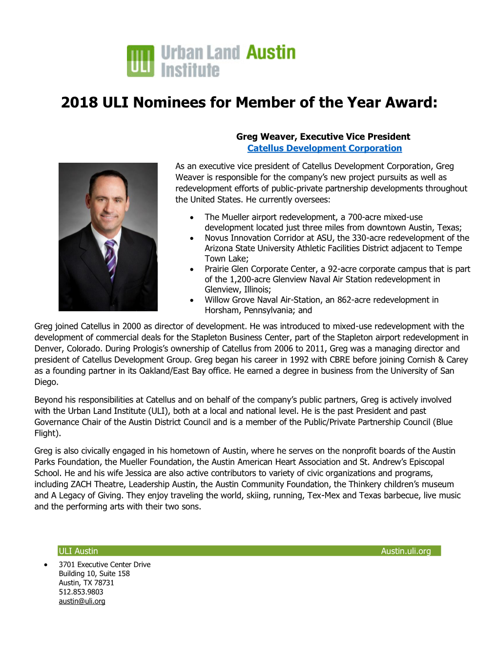 2018 ULI Nominees for Member of the Year Award