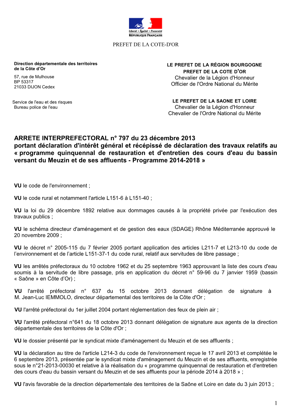 ARRETE INTERPREFECTORAL N° 797 Du 23 Décembre 2013 Portant