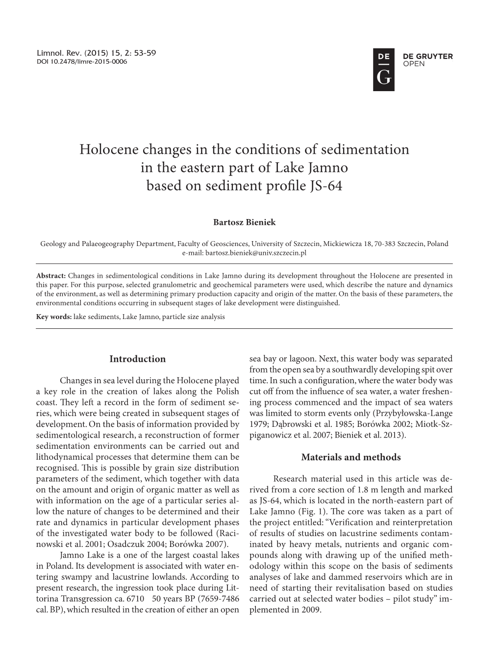 Holocene Changes in the Conditions of Sedimentation in the Eastern Part of Lake Jamno Based on Sediment Profile JS-64