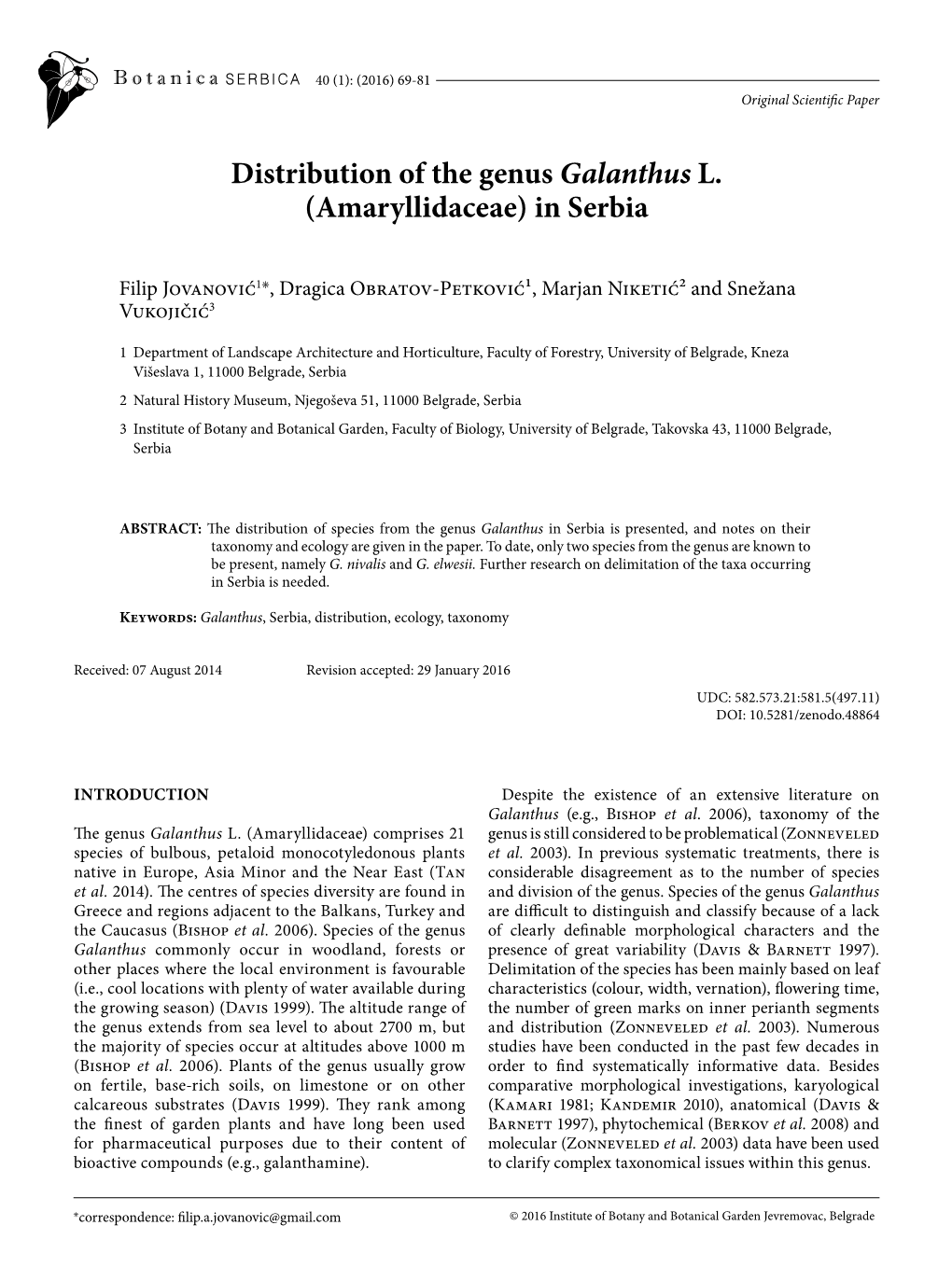 Distribution of the Genus Galanthus L. (Amaryllidaceae) in Serbia