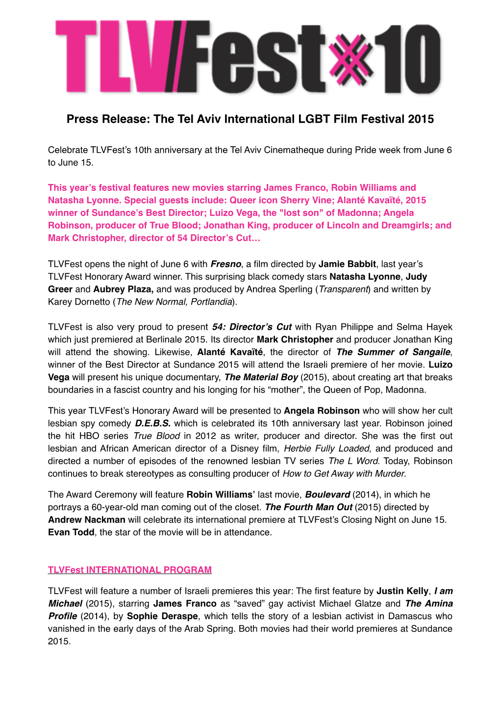 Press Release: the Tel Aviv International LGBT Film Festival 2015