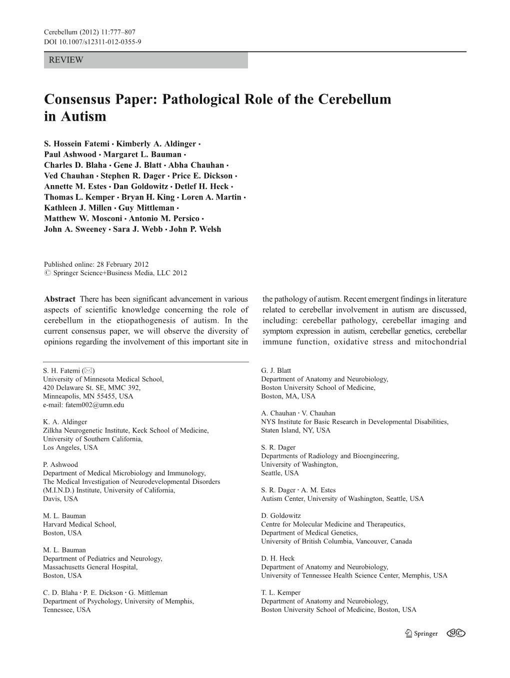 Consensus Paper: Pathological Role of the Cerebellum in Autism