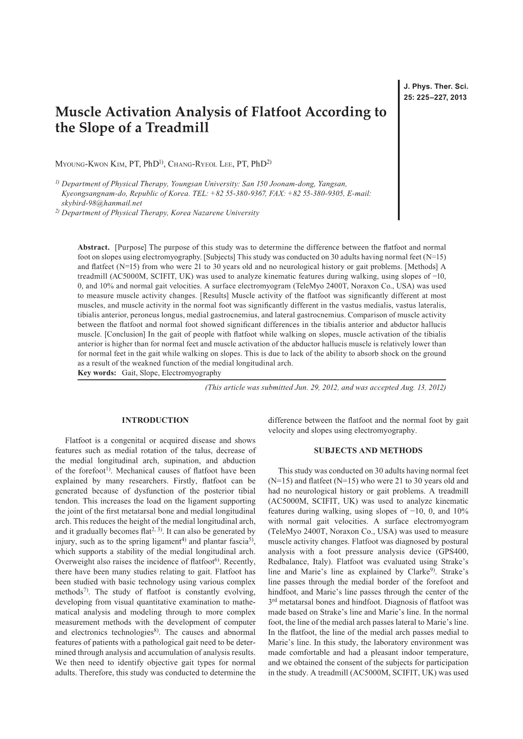 Muscle Activation Analysis of Flatfoot According to the Slope of a Treadmill