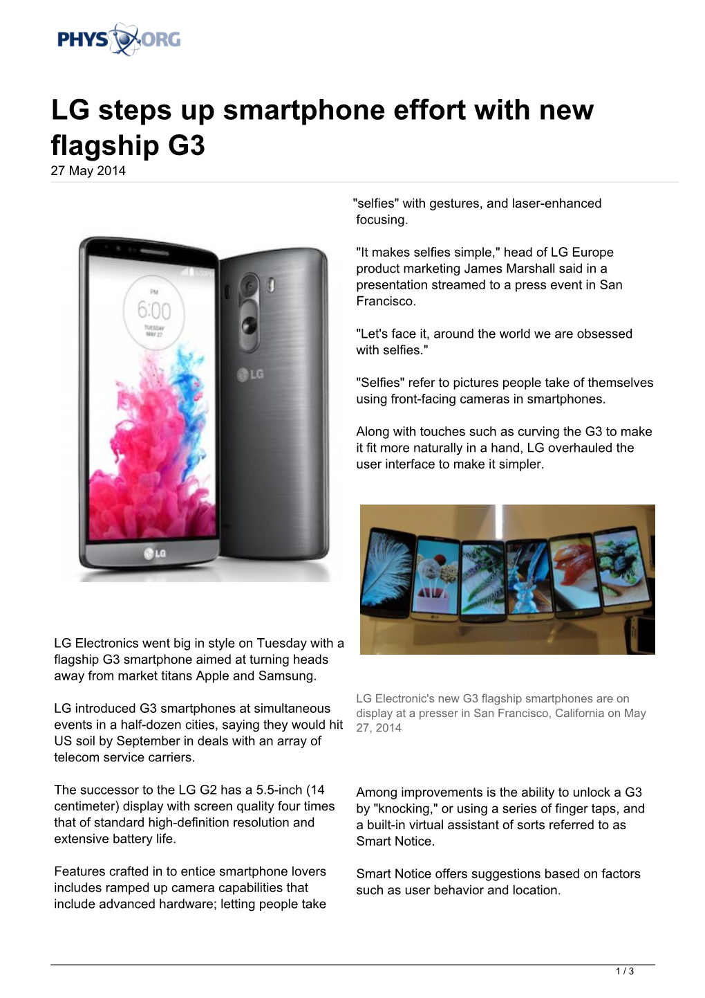 LG Steps up Smartphone Effort with New Flagship G3 27 May 2014
