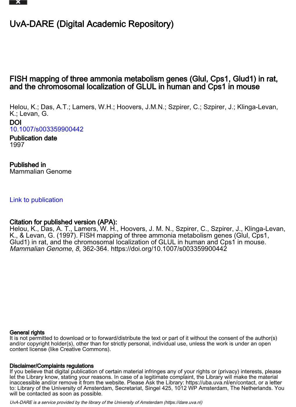 FISH Mapping of Three Ammonia Metabolism Genes (Glul, Cps1, Glud1) in Rat, and the Chromosomal Localization of GLUL in Human and Cps1 in Mouse