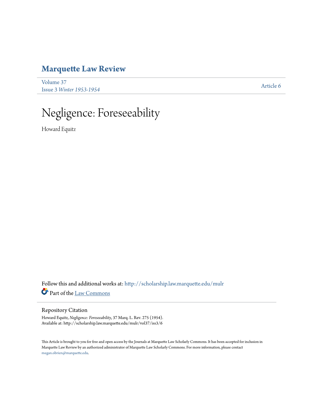 Negligence: Foreseeability Howard Equitz