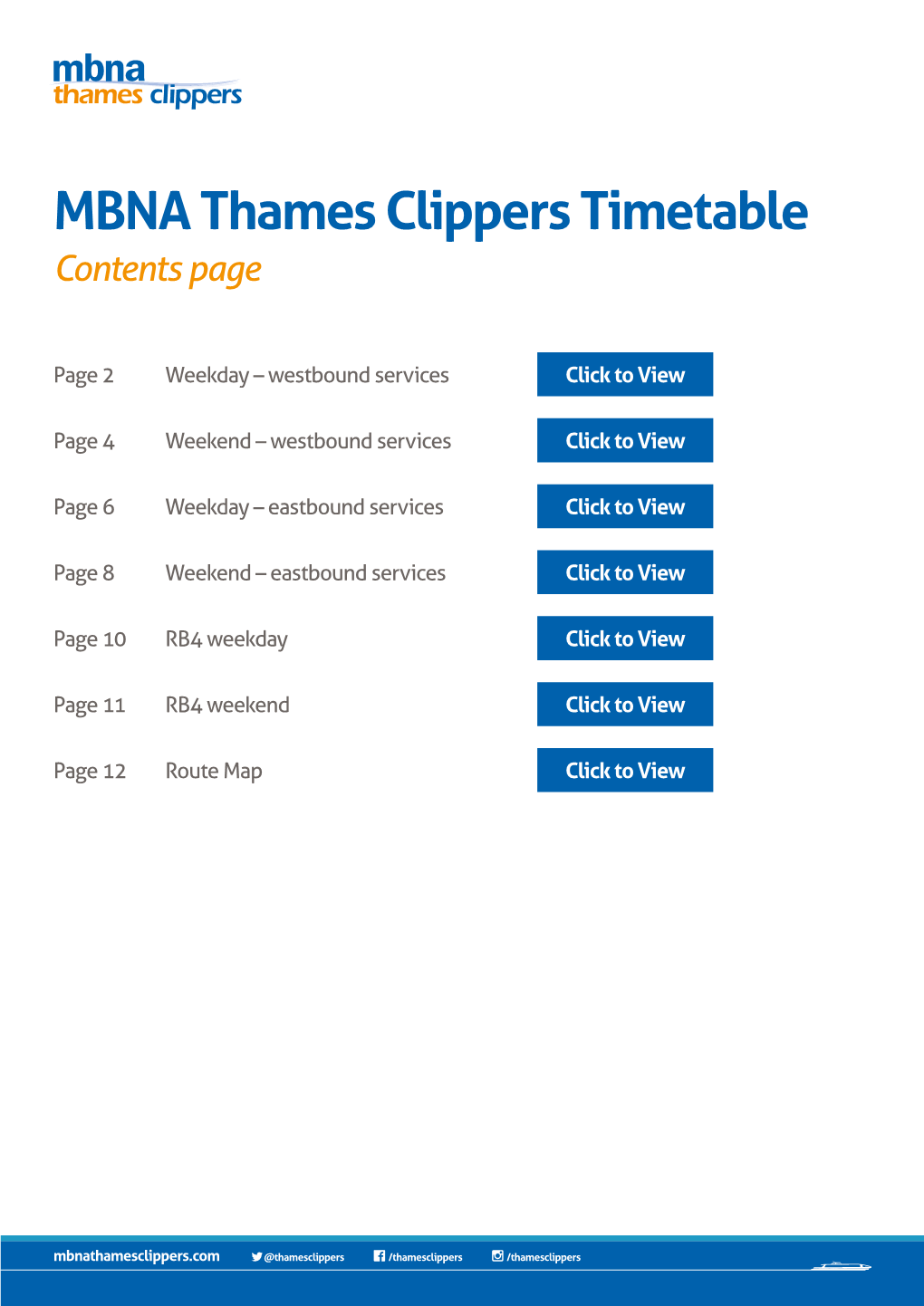 MBNA Thames Clippers Timetable Contents Page