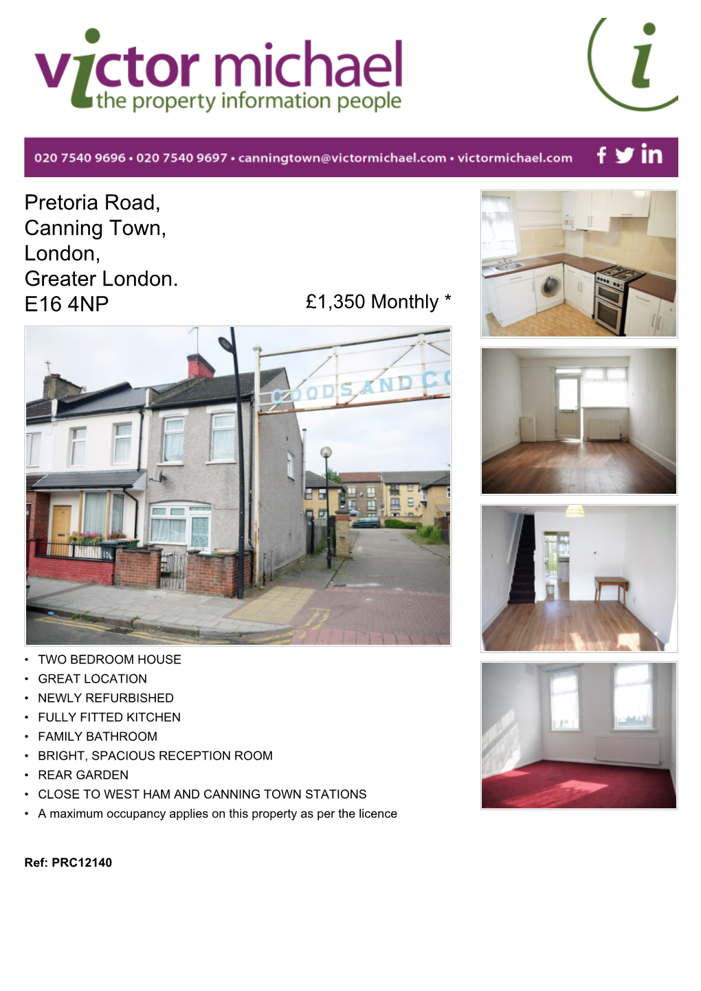 Pretoria Road, Canning Town, London, Greater London. E16 4NP £1,350 Monthly *