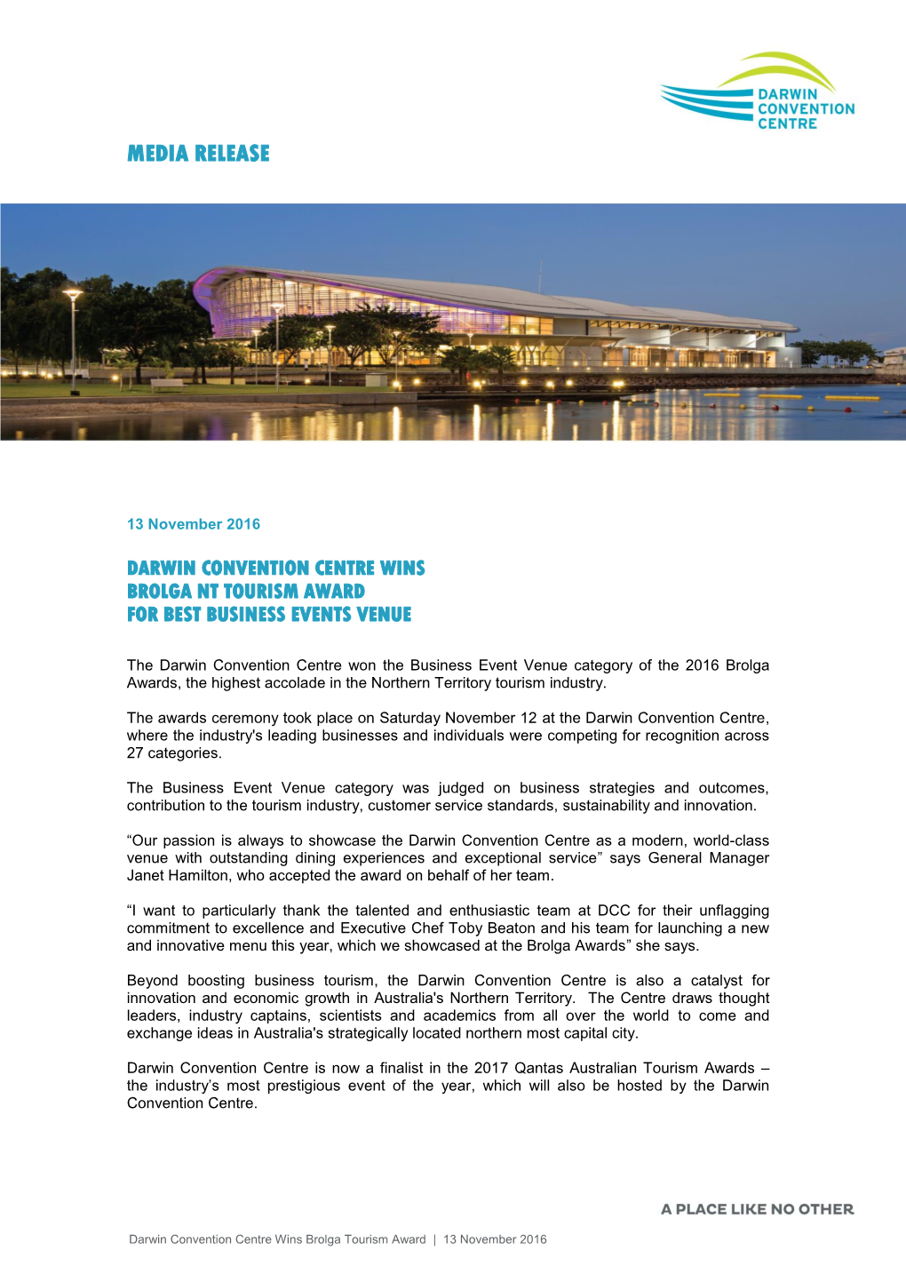 November 13 Darwin Convention Centre WINS Brolga NT