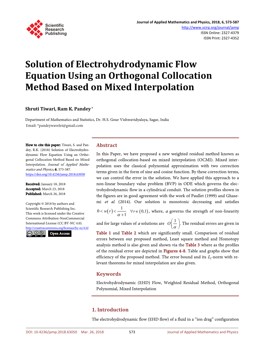 Solution of Electrohydrodynamic Flow Equation Using an Orthogonal Collocation Method Based on Mixed Interpolation