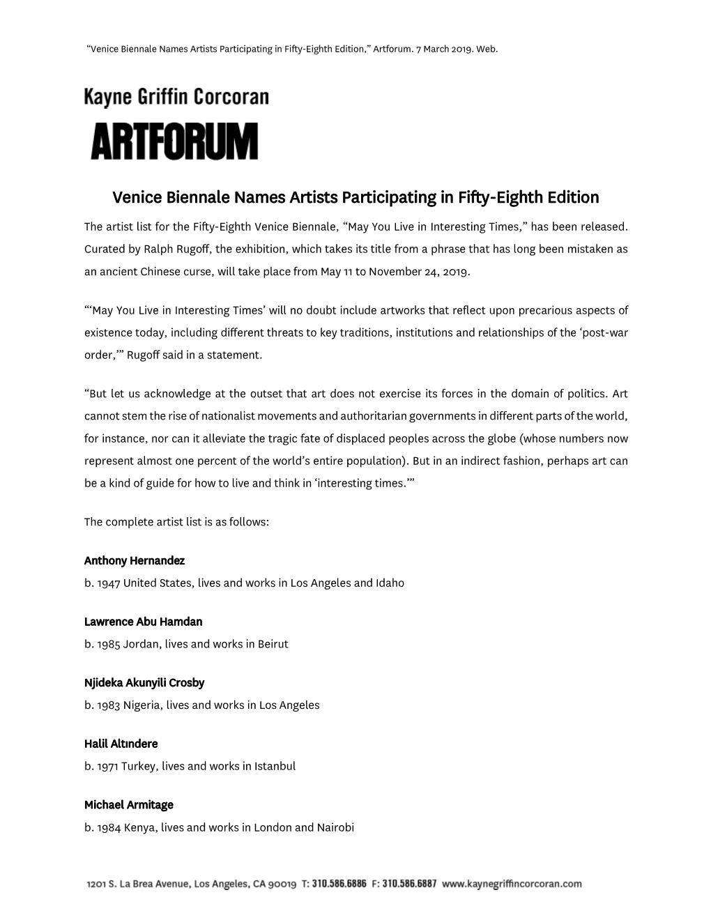 Venice Biennale Names Artists Participating in Fifty-Eighth Edition,” Artforum