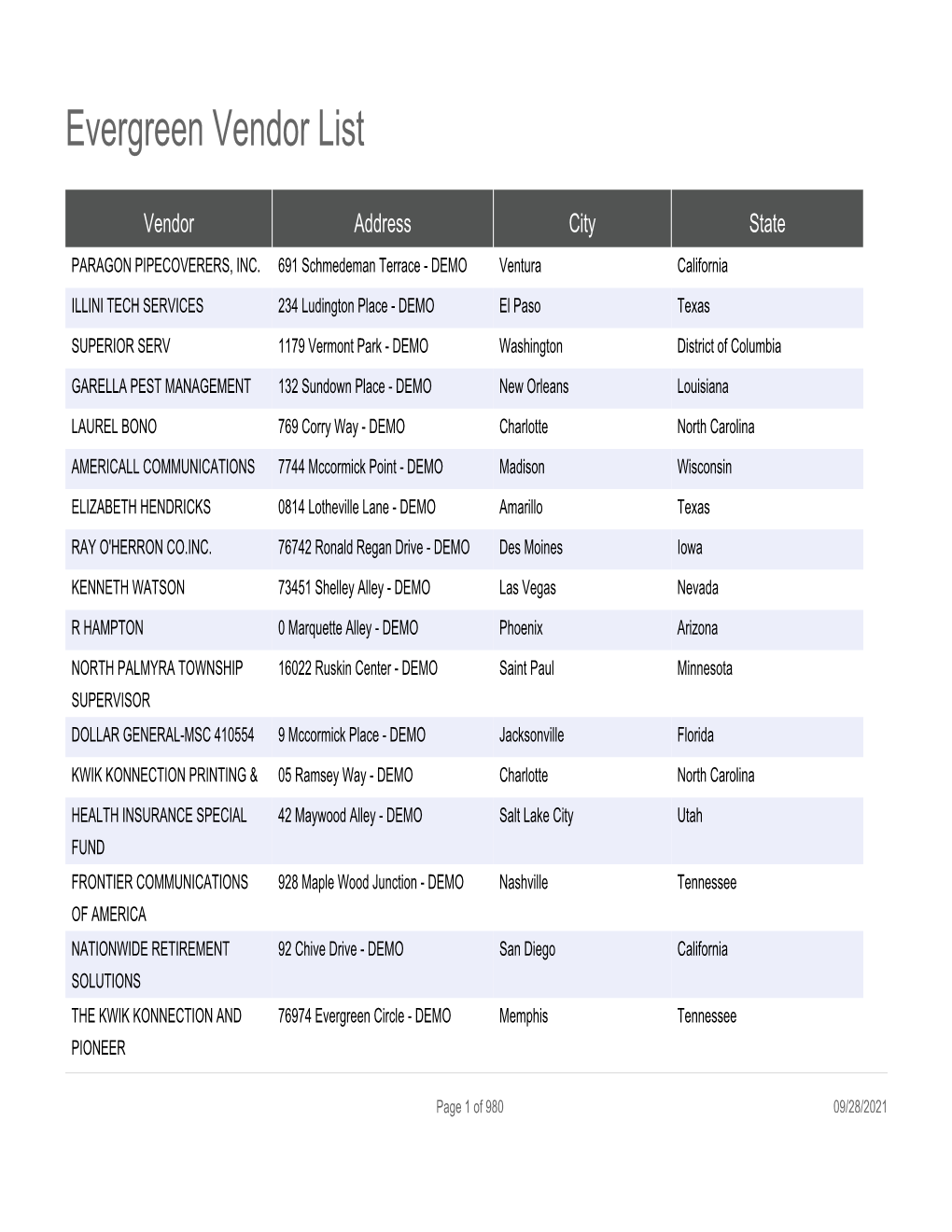 Evergreen Vendor List