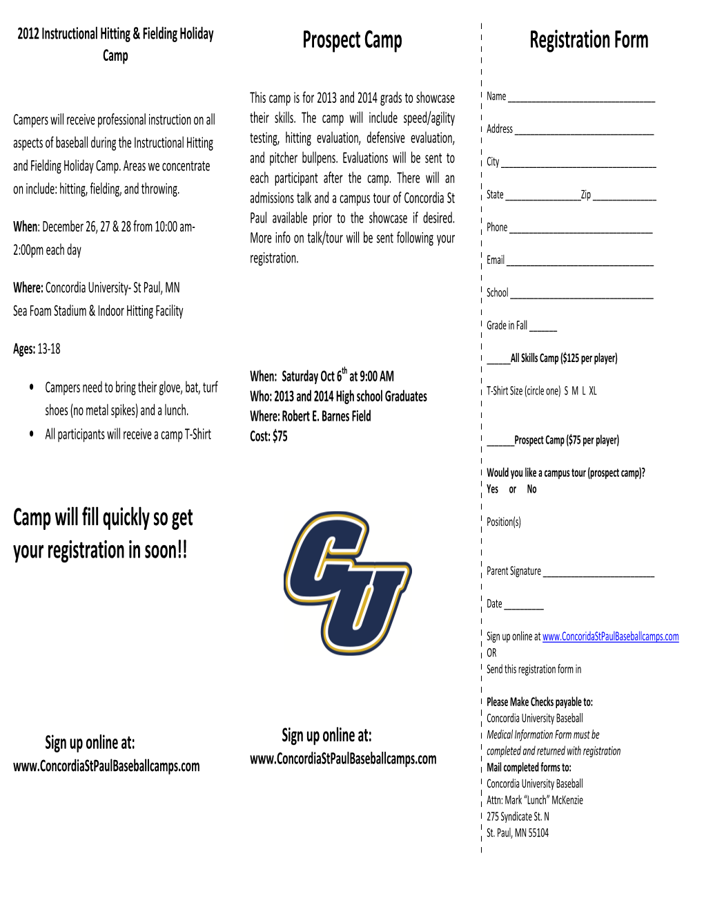 Camp Will Fill Quickly So Get Your Registration in Soon!! Prospect