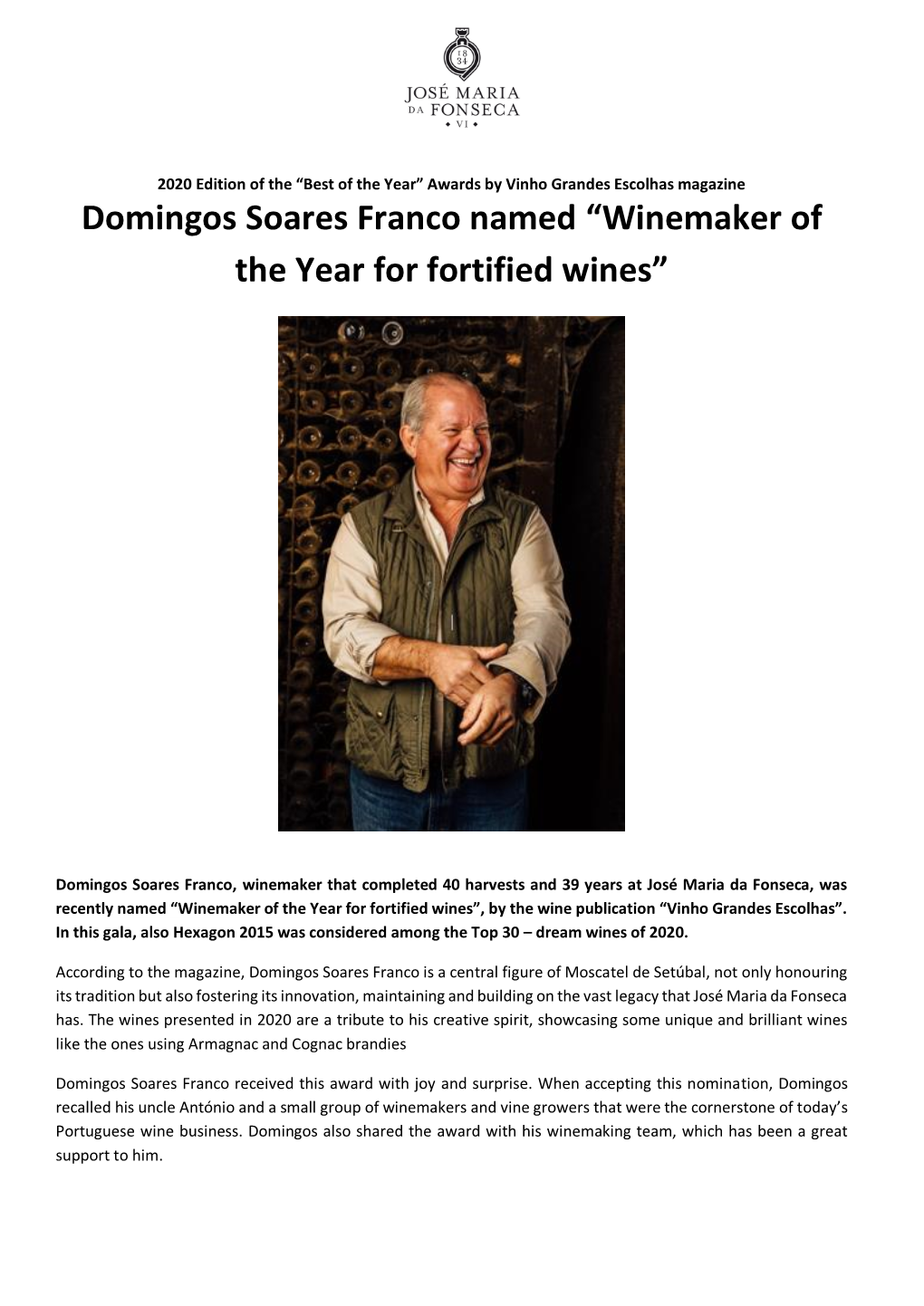 Domingos Soares Franco Named “Winemaker of the Year for Fortified Wines”