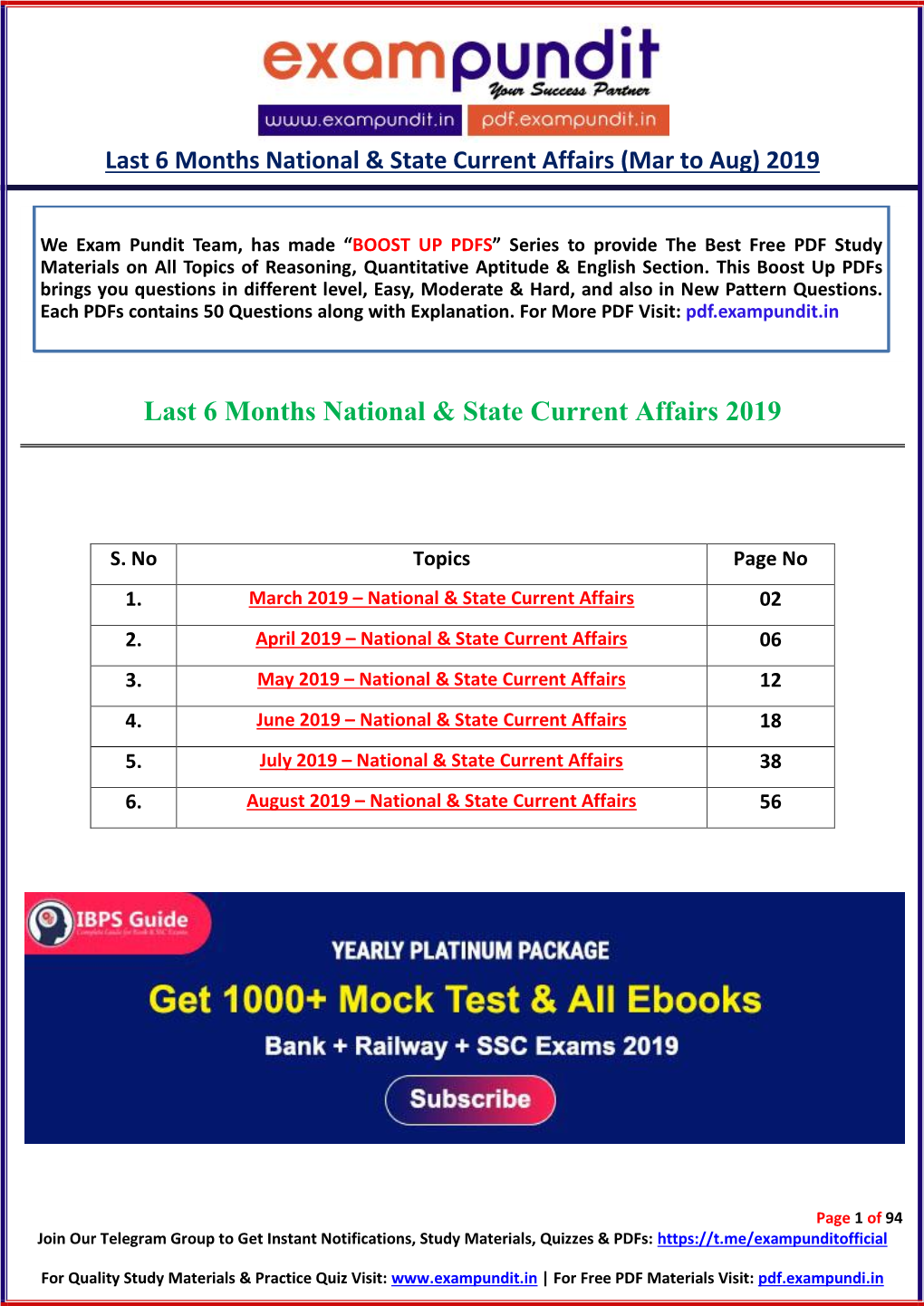 Last 6 Months National & State Current Affairs 2019