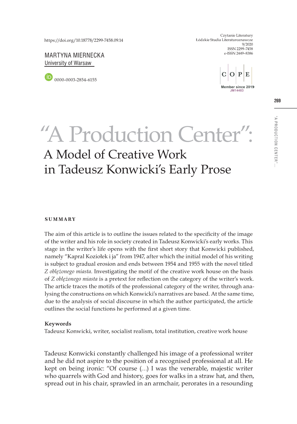 A Model of Creative Work in Tadeusz Konwicki's Early Prose