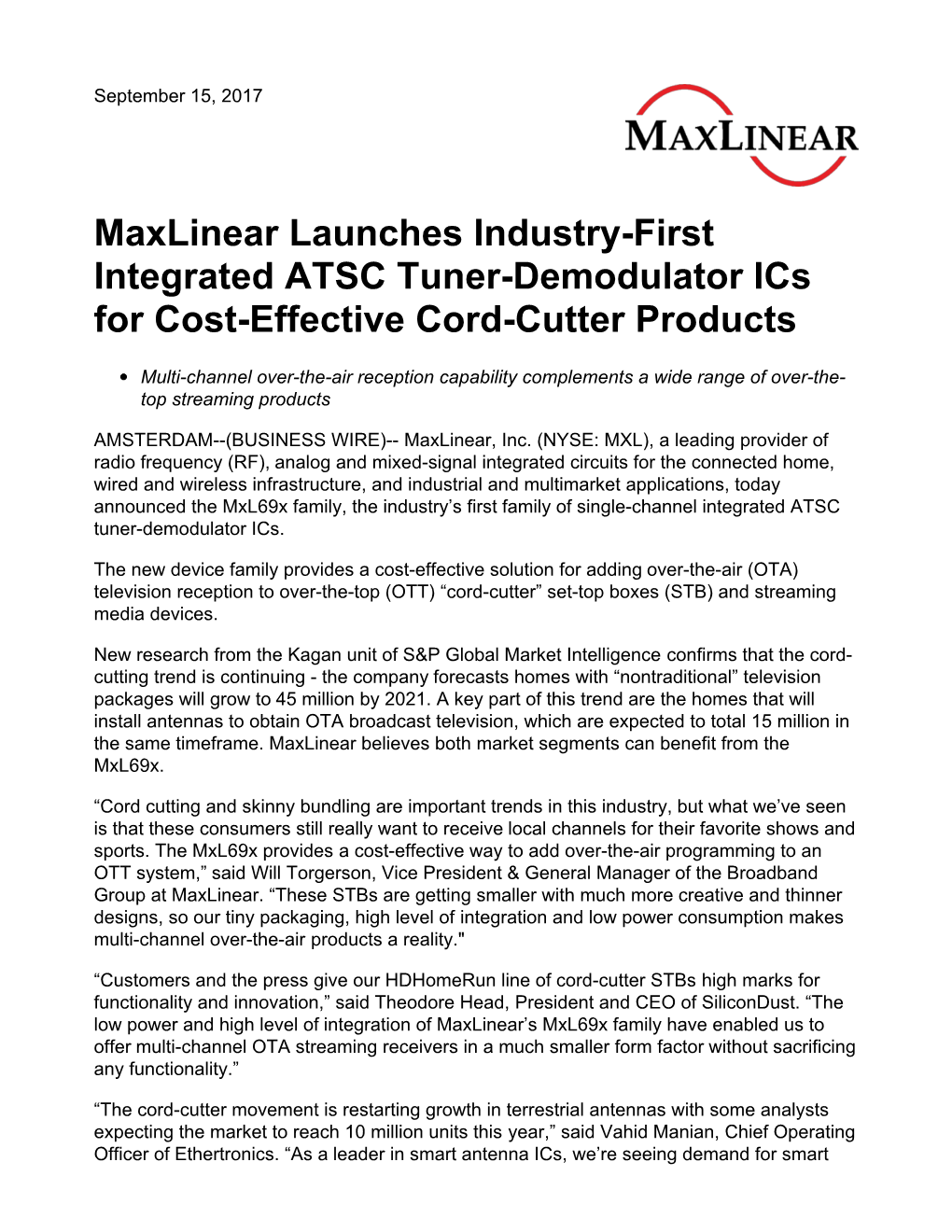 Maxlinear Launches Industry-First Integrated ATSC Tuner-Demodulator Ics for Cost-Effective Cord-Cutter Products
