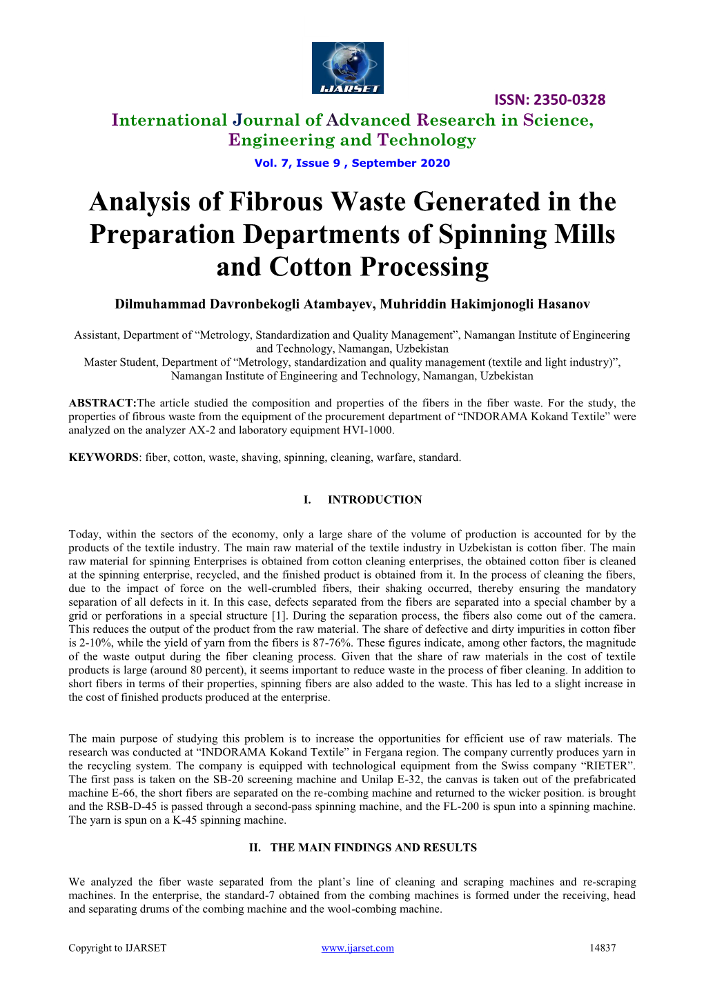 Analysis of Fibrous Waste Generated in the Preparation Departments of Spinning Mills and Cotton Processing