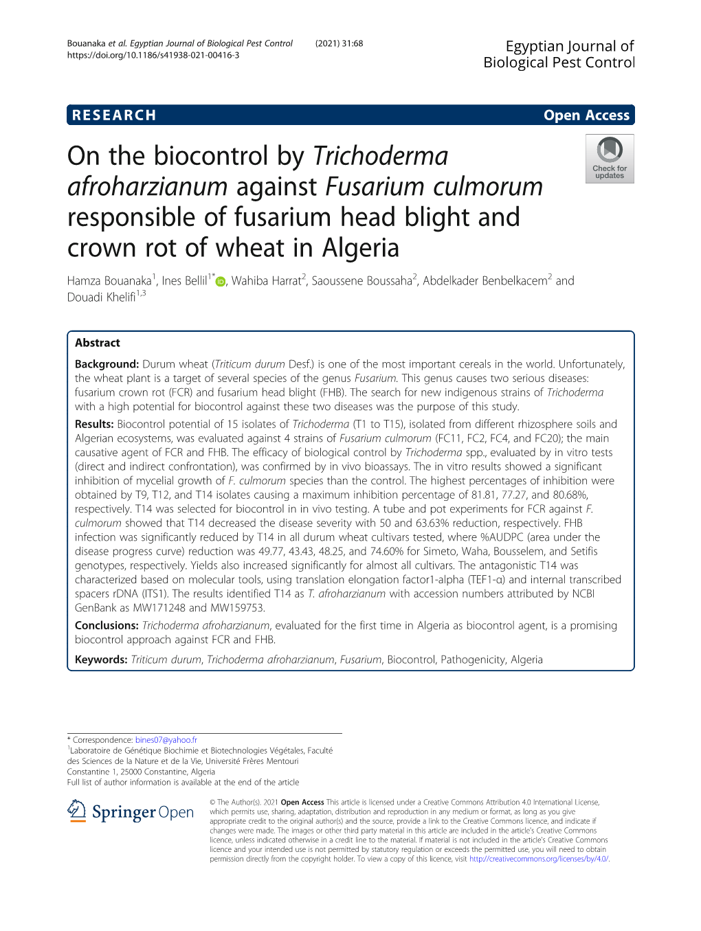 On the Biocontrol by Trichoderma Afroharzianum Against Fusarium