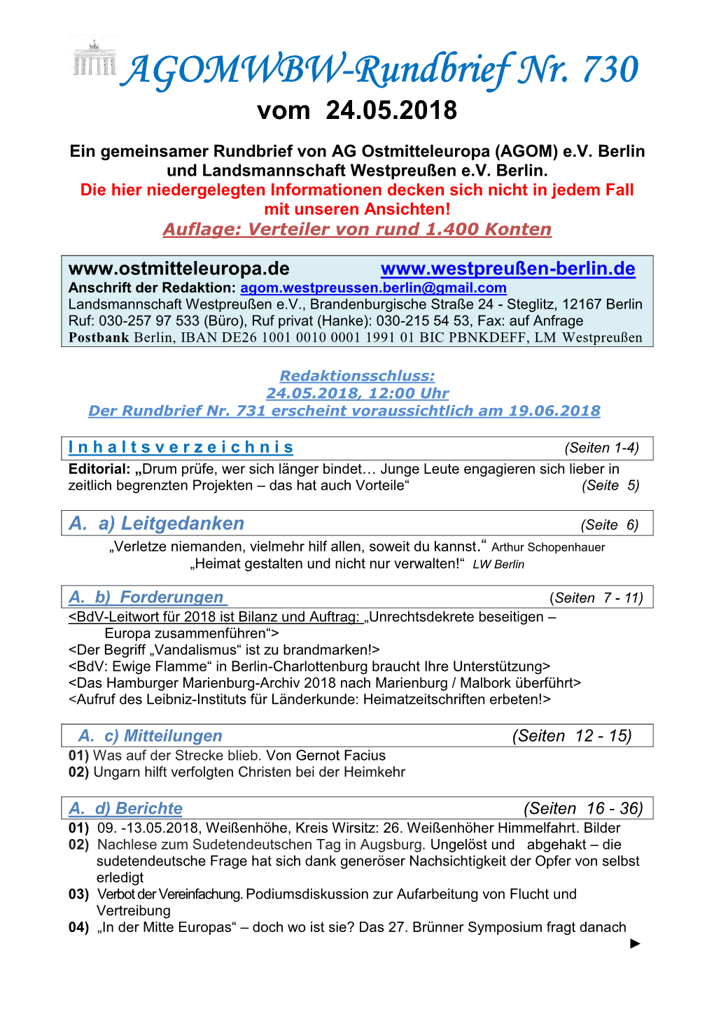 AGOMWBW-Rundbrief Nr. 730 Vom 24.05.2018