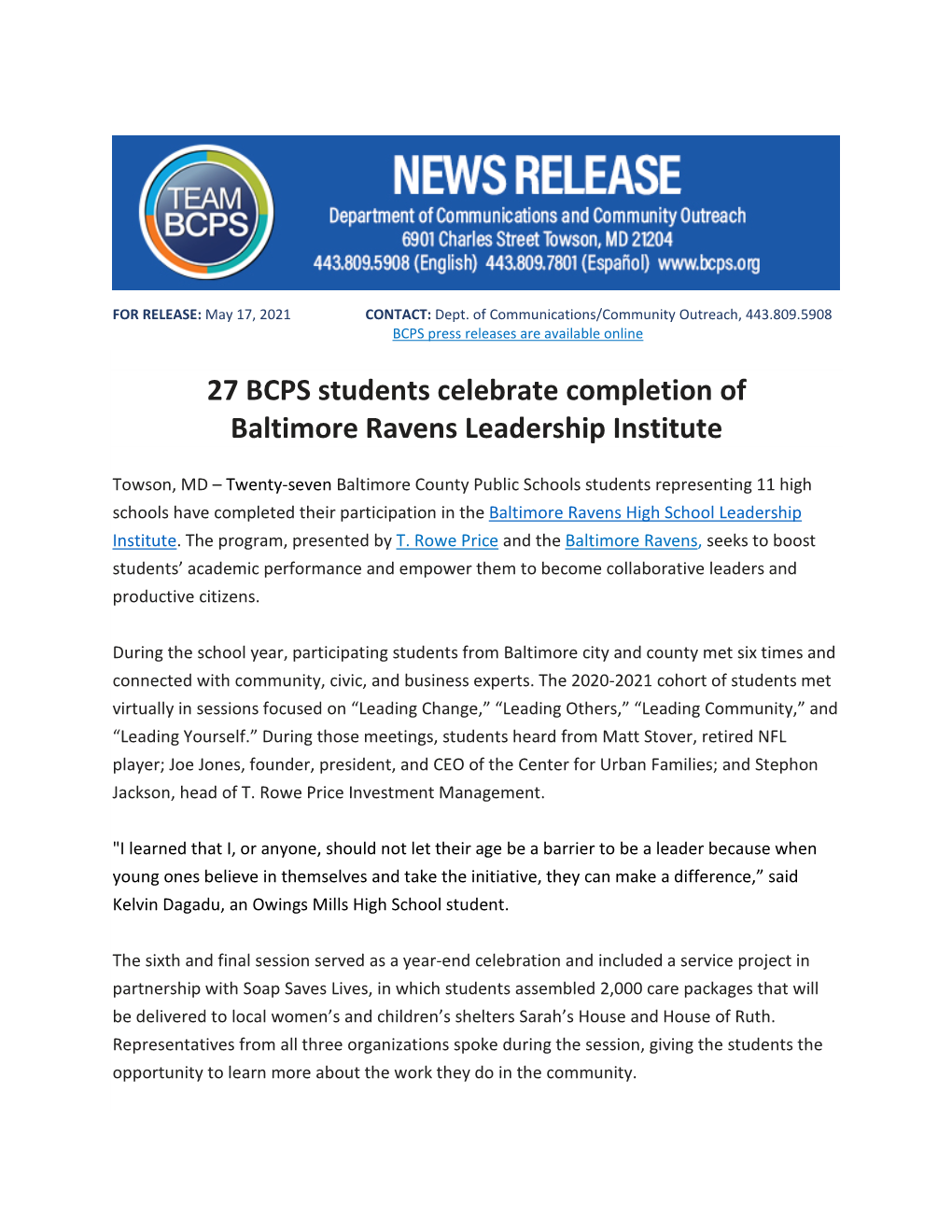 27 BCPS Students Celebrate Completion of Baltimore Ravens Leadership Institute