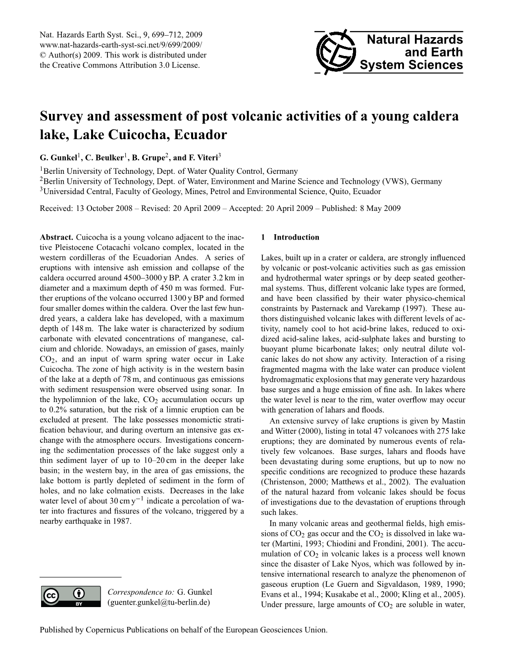 Survey and Assessment of Post Volcanic Activities of a Young Caldera Lake, Lake Cuicocha, Ecuador