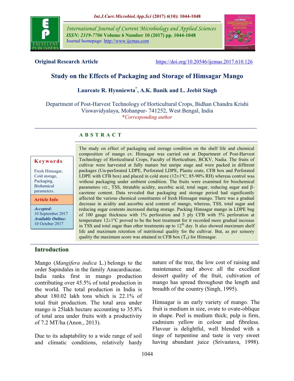 Study on the Effects of Packaging and Storage of Himsagar Mango
