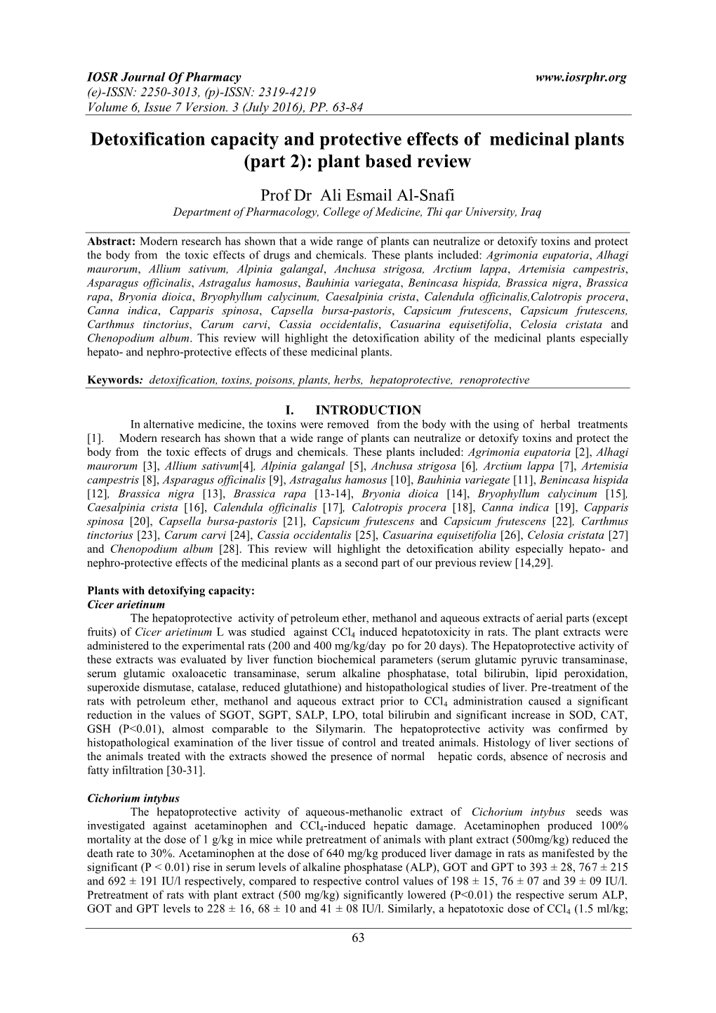 Detoxification Capacity and Protective Effects of Medicinal Plants (Part 2): Plant Based Review