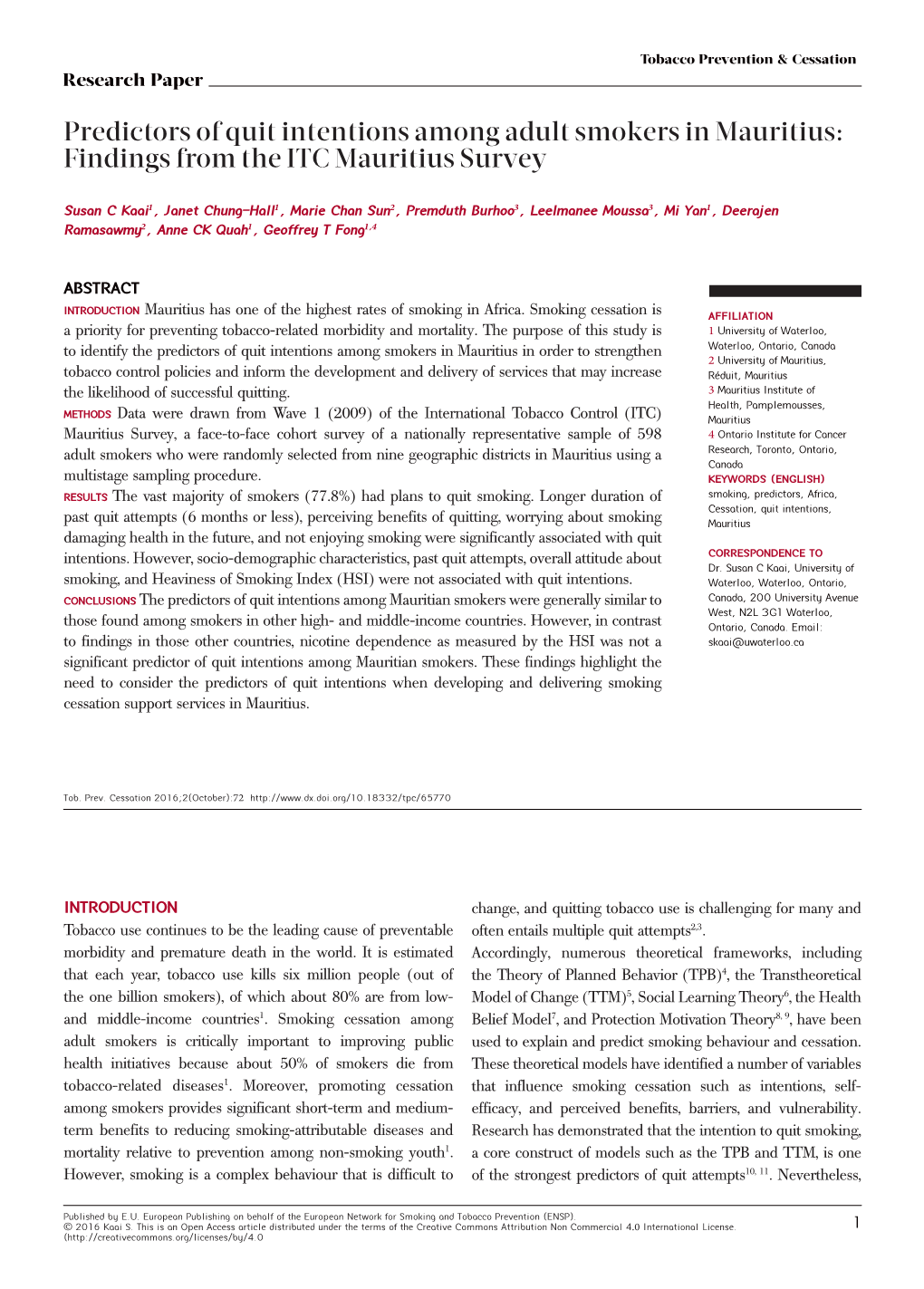 Predictors of Quit Intentions Among Adult Smokers in Mauritius: Findings from the ITC Mauritius Survey