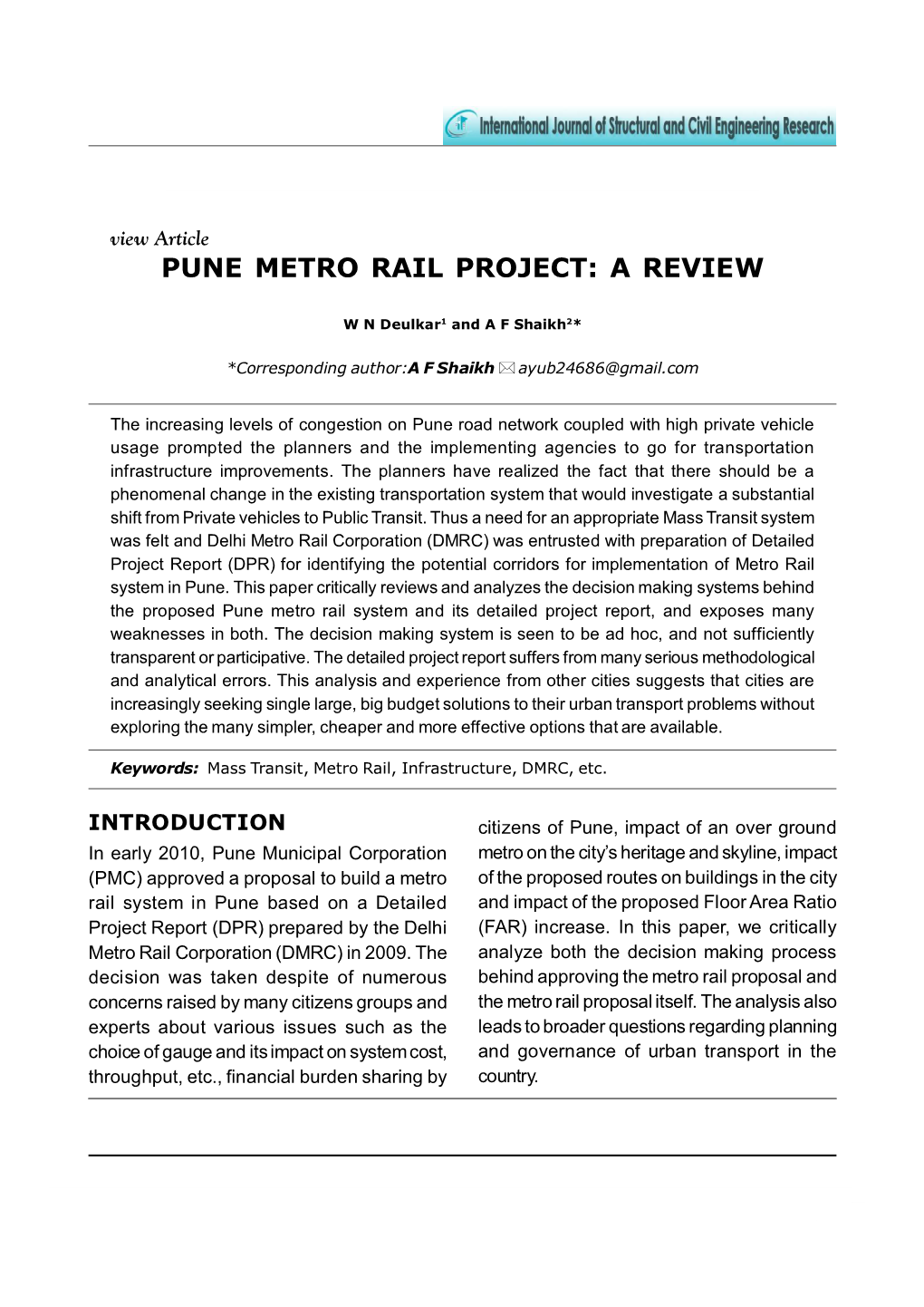 Pune Metro Rail Project: a Review
