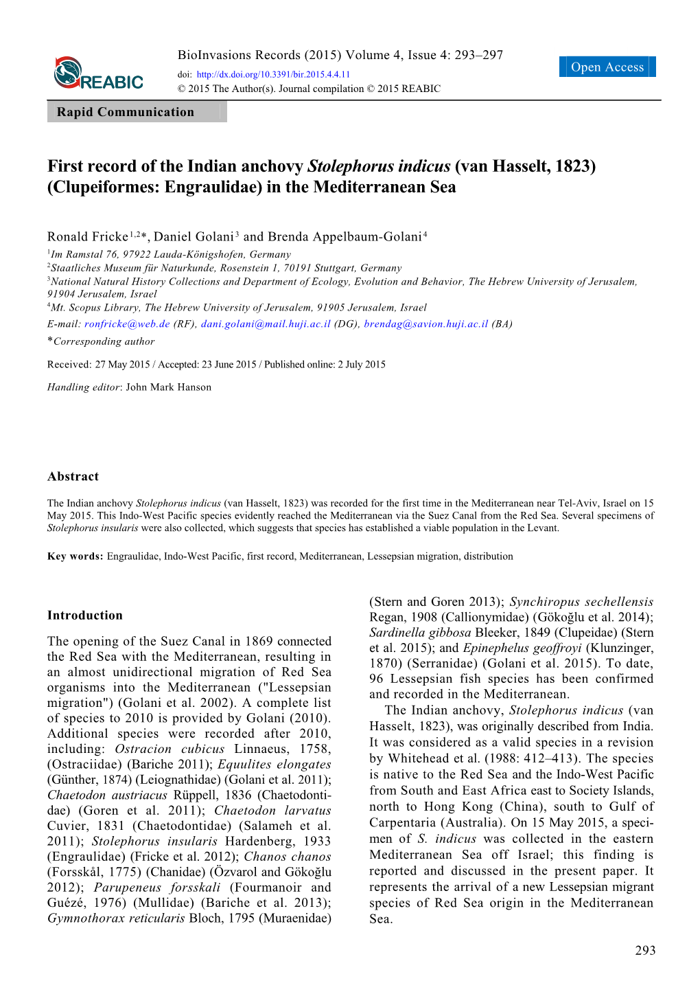 First Record of the Indian Anchovy Stolephorus Indicus (Van Hasselt, 1823) (Clupeiformes: Engraulidae) in the Mediterranean Sea