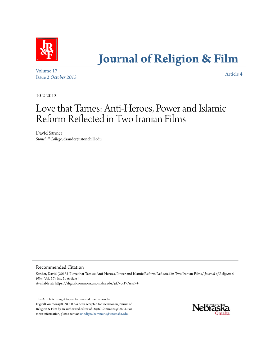 Anti-Heroes, Power and Islamic Reform Reflected in Two Iranian Films David Sander Stonehill College, Dsander@Stonehill.Edu