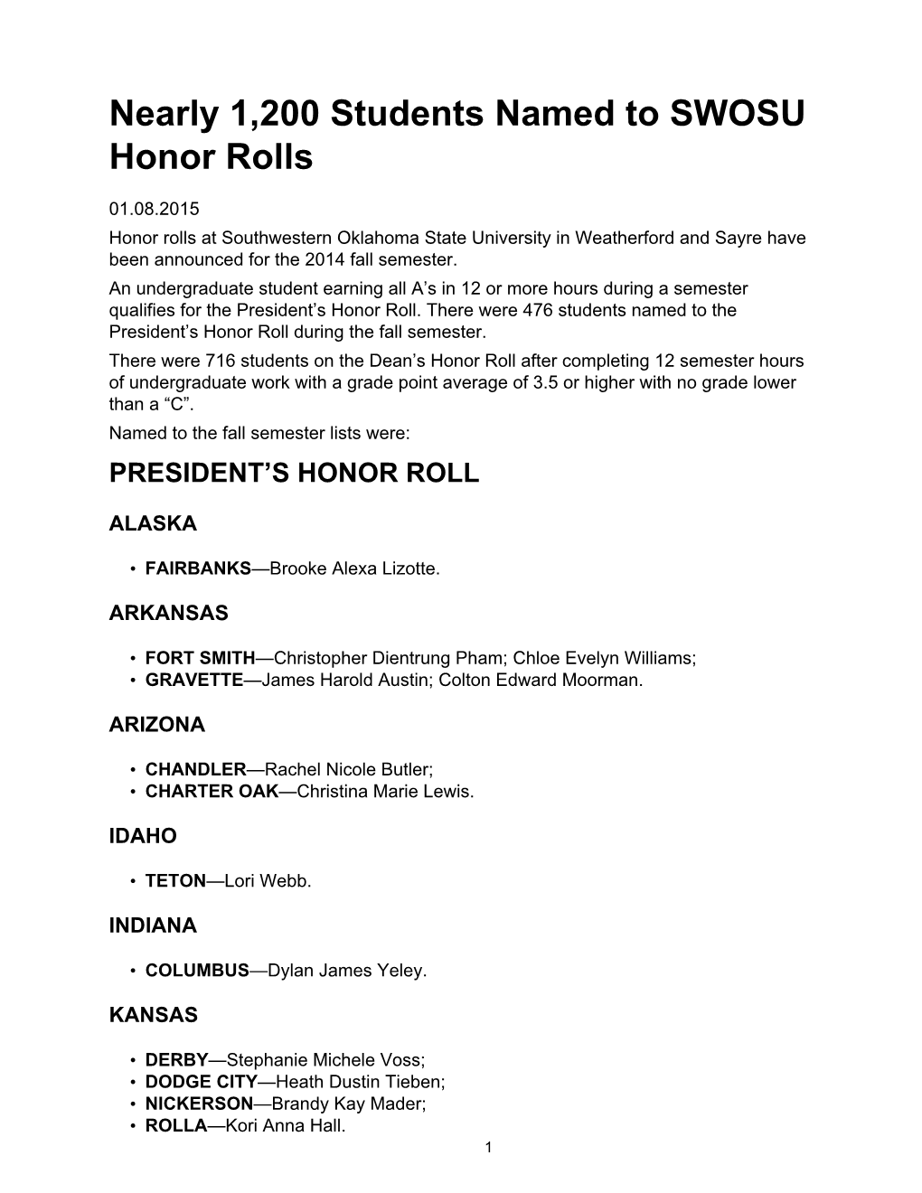 01-08-2015 Nearly 1,200 Students Named to SWOSU Honor Rolls