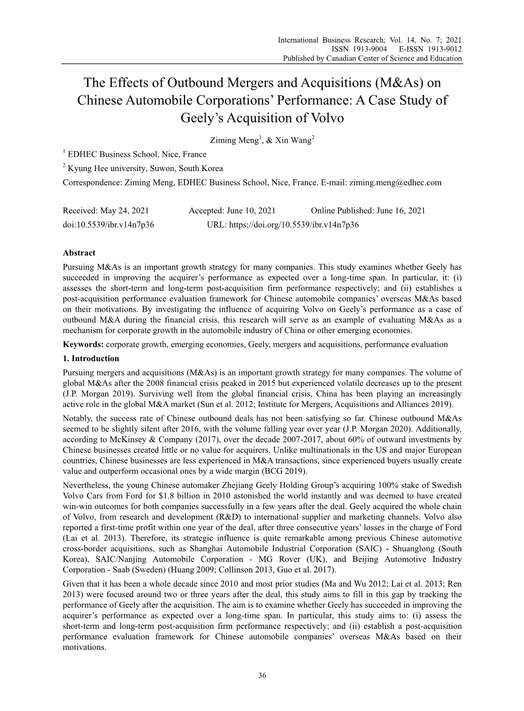 The Effects of Outbound Mergers and Acquisitions (M&As) on Chinese Automobile Corporations‟ Performance: a Case Study of Geely‟S Acquisition of Volvo