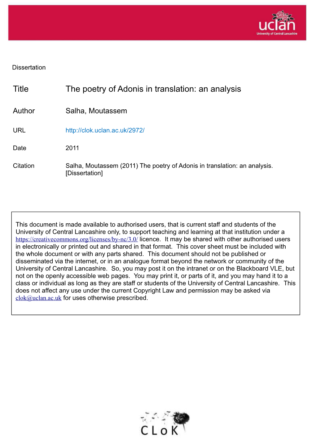 Title the Poetry of Adonis in Translation: an Analysis