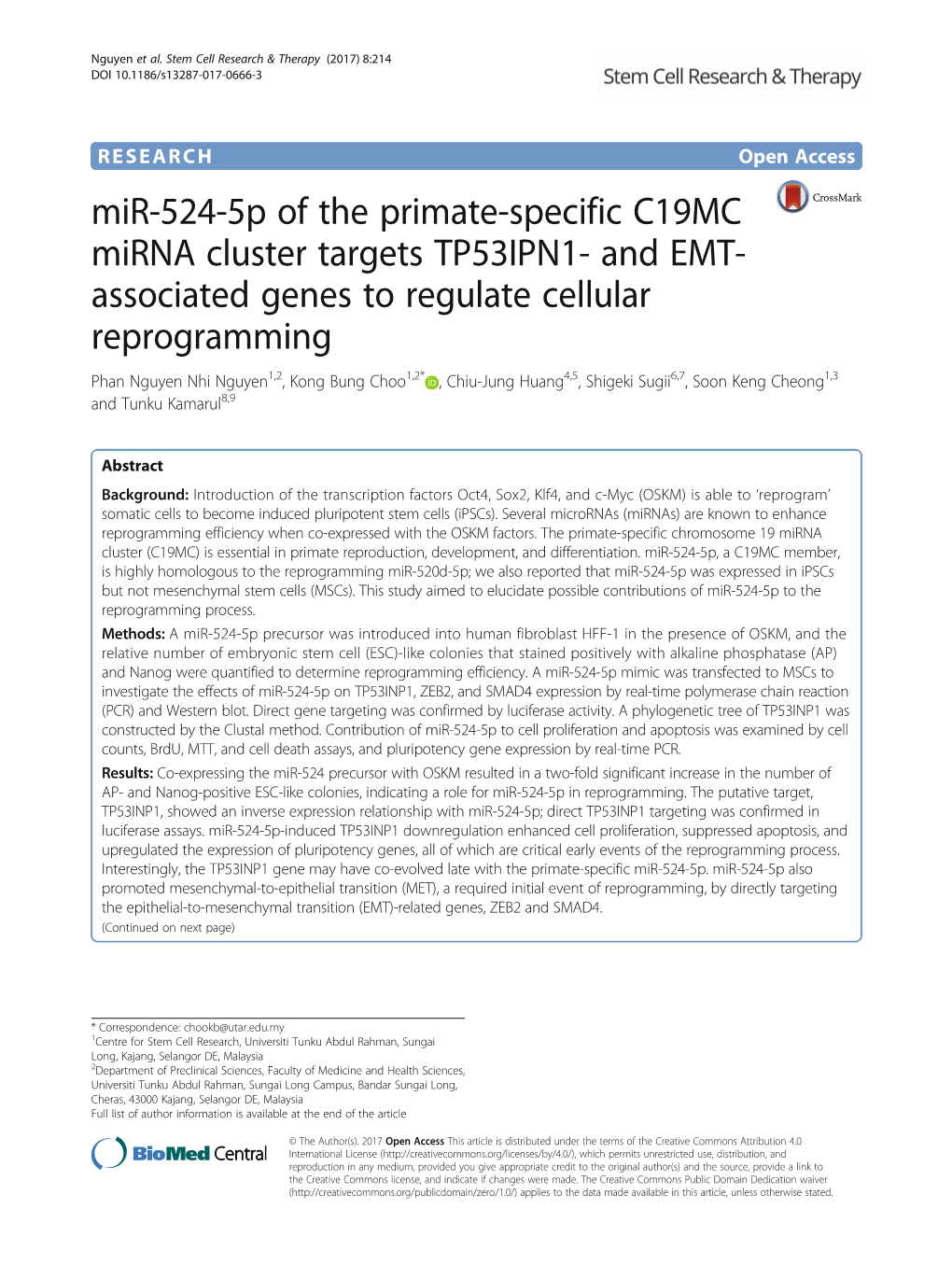 Mir-524-5P of the Primate-Specific C19MC Mirna Cluster Targets TP53IPN1- and EMT-Associated Genes to Regulate Cellular Reprogram