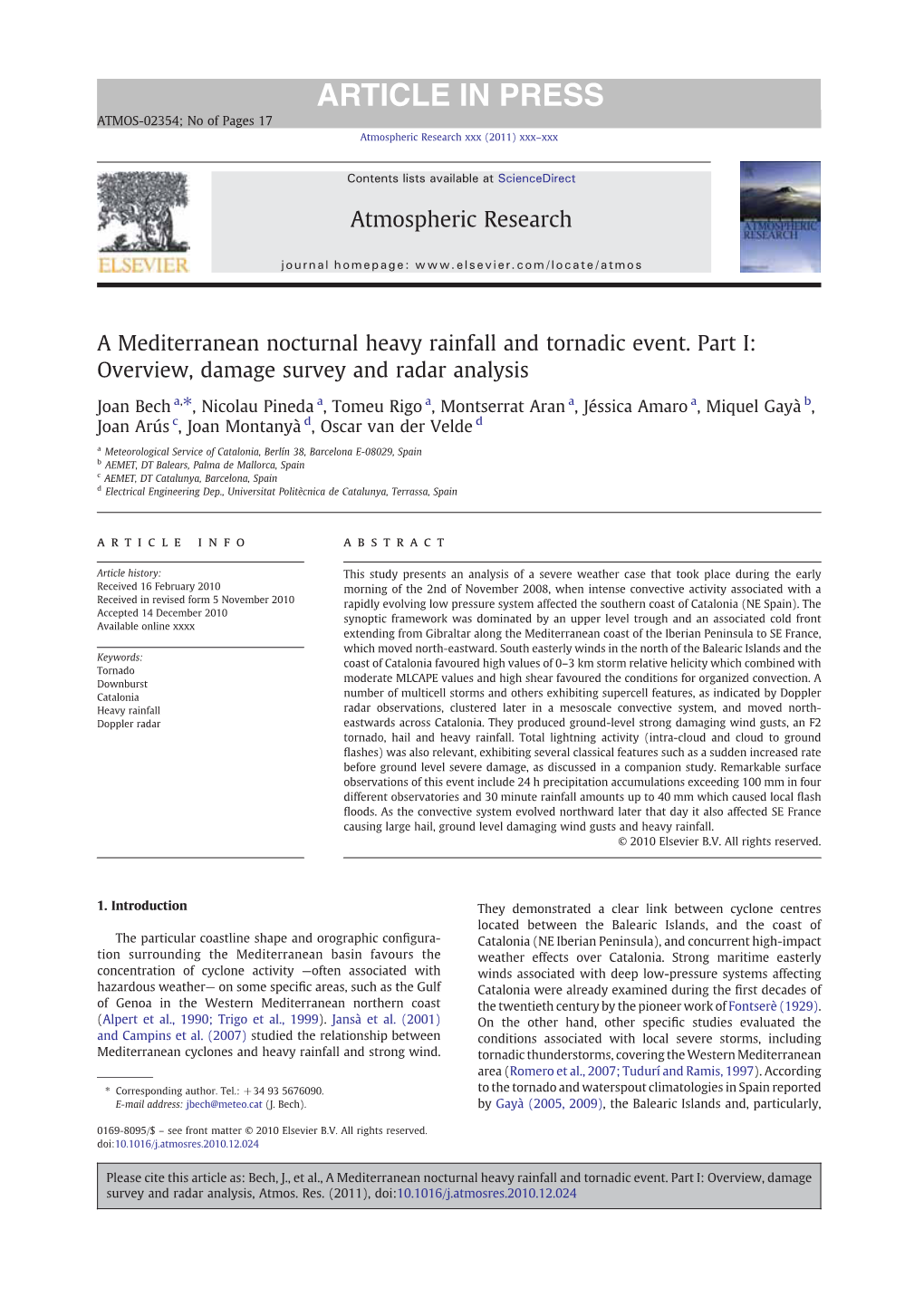 A Mediterranean Nocturnal Heavy Rainfall and Tornadic Event. Part I: Overview, Damage Survey and Radar Analysis