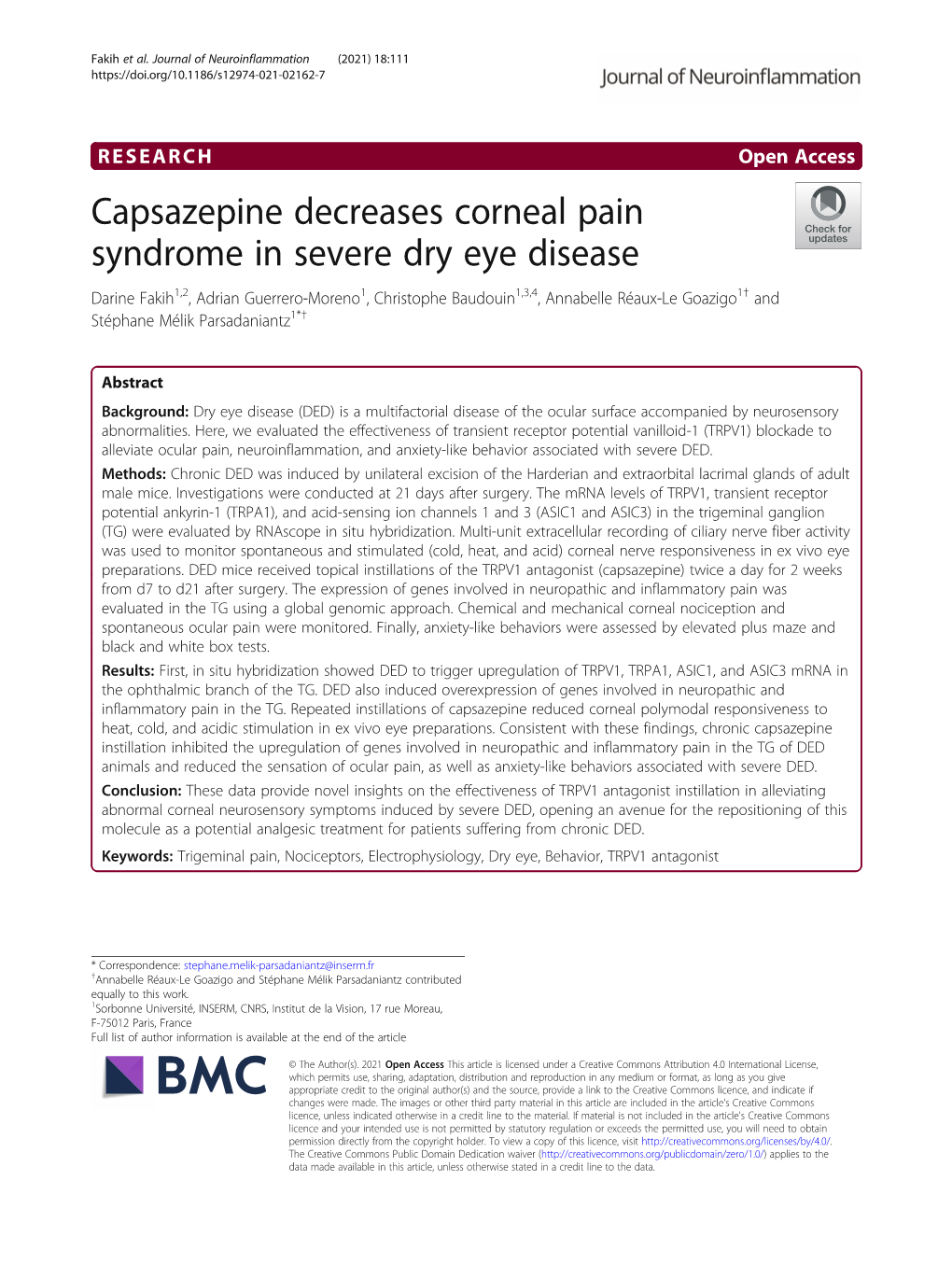 Capsazepine Decreases Corneal Pain Syndrome in Severe Dry Eye Disease