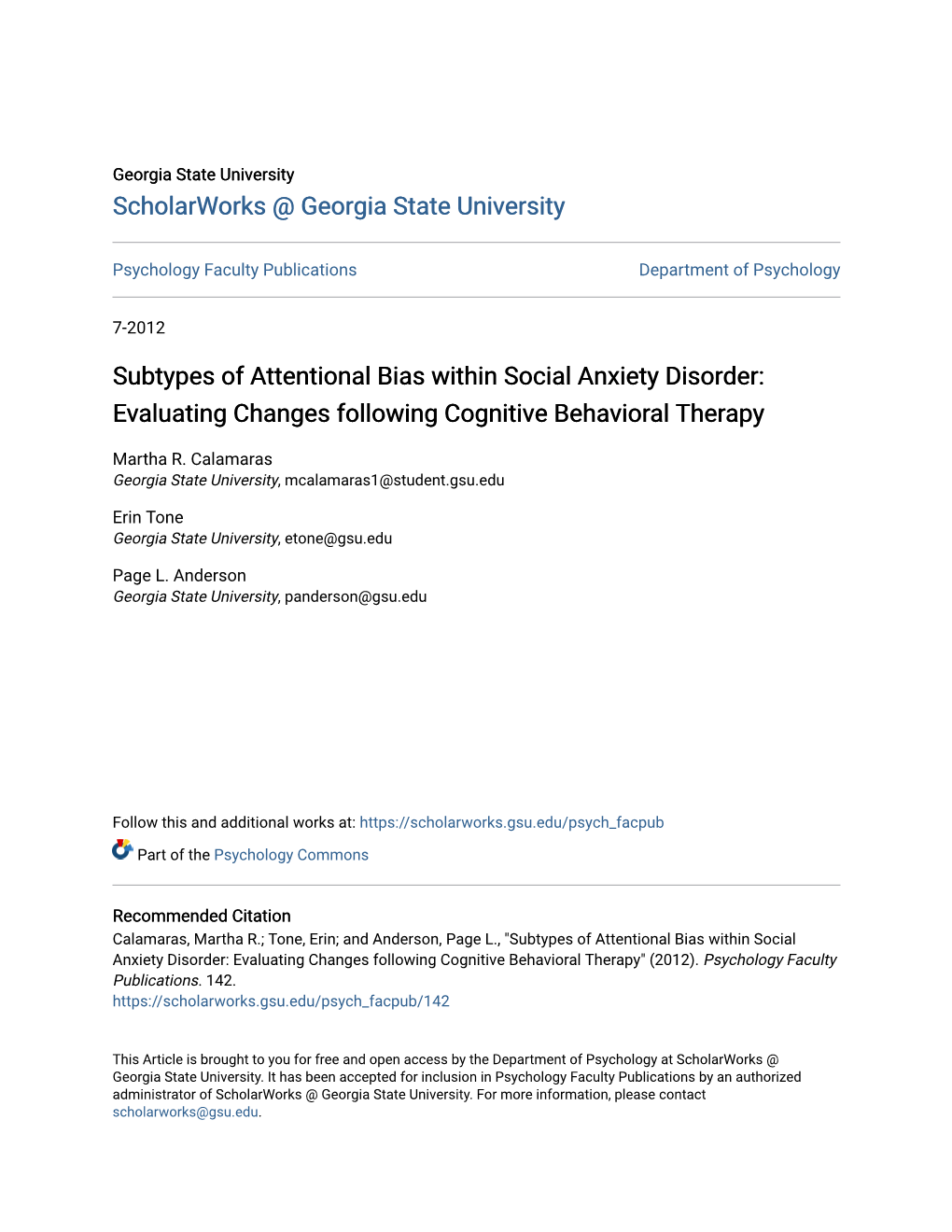 Subtypes of Attentional Bias Within Social Anxiety Disorder: Evaluating Changes Following Cognitive Behavioral Therapy