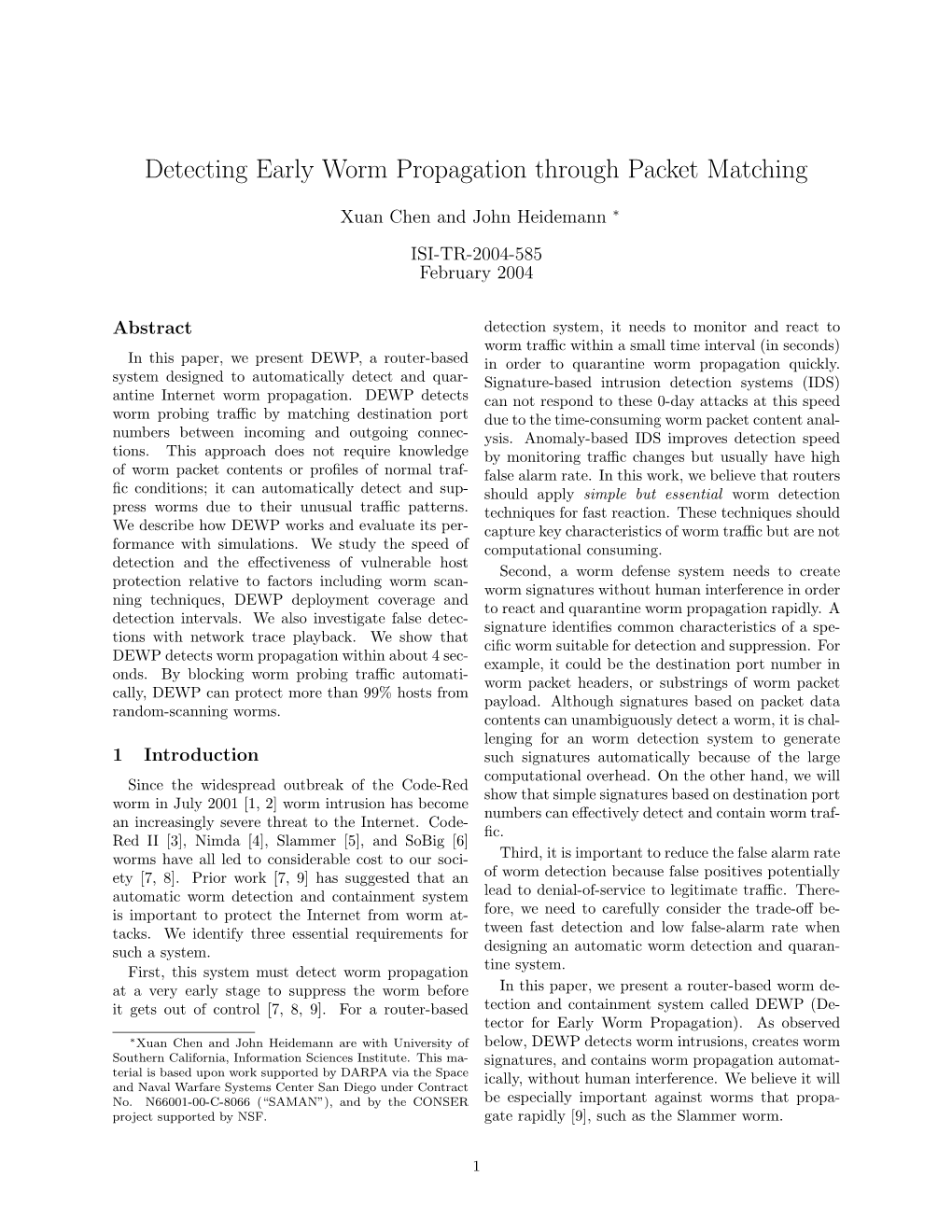 Detecting Early Worm Propagation Through Packet Matching