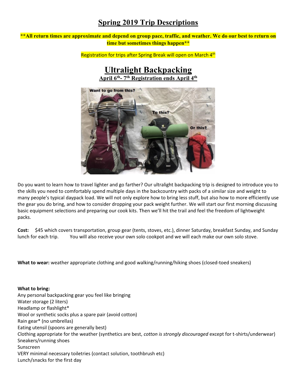 Ultralight Backpacking April 6Th- 7Th Registration Ends April 4Th