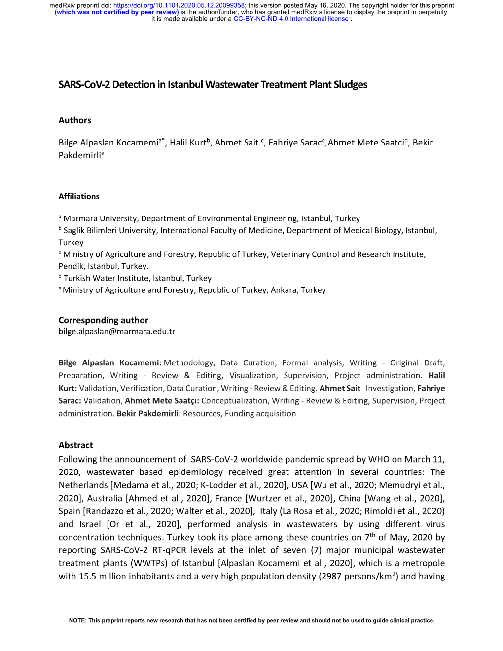 SARS-Cov-2 Detection in Istanbul Wastewater Treatment Plant Sludges