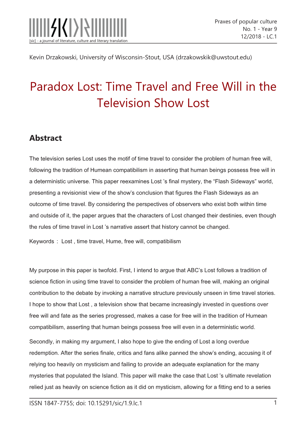 Paradox Lost: Time Travel and Free Will in the Television Show Lost